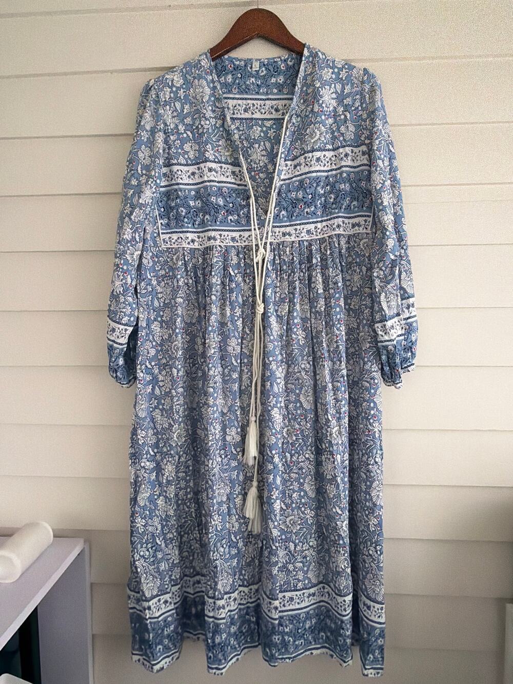Boho Floral Block Print Peasant Dress Blue Cream Tassel Prairie Cottagecore L XL